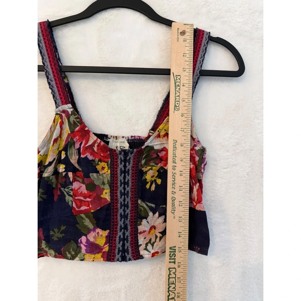 Free People FP One Floral Crop Top Womens Medium Patchwork Embroidered Boho Navy